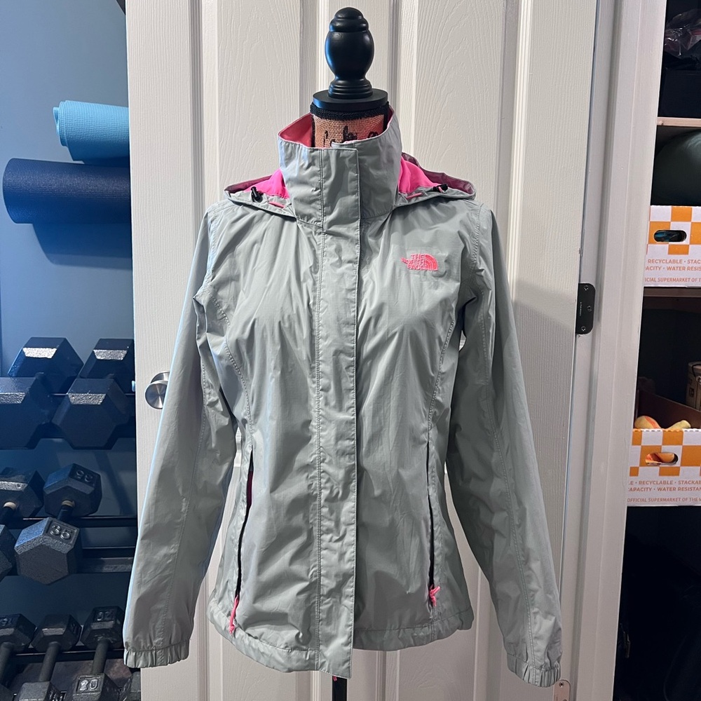 EUC The North Face Gray and Pink Rain Jacket with Hood